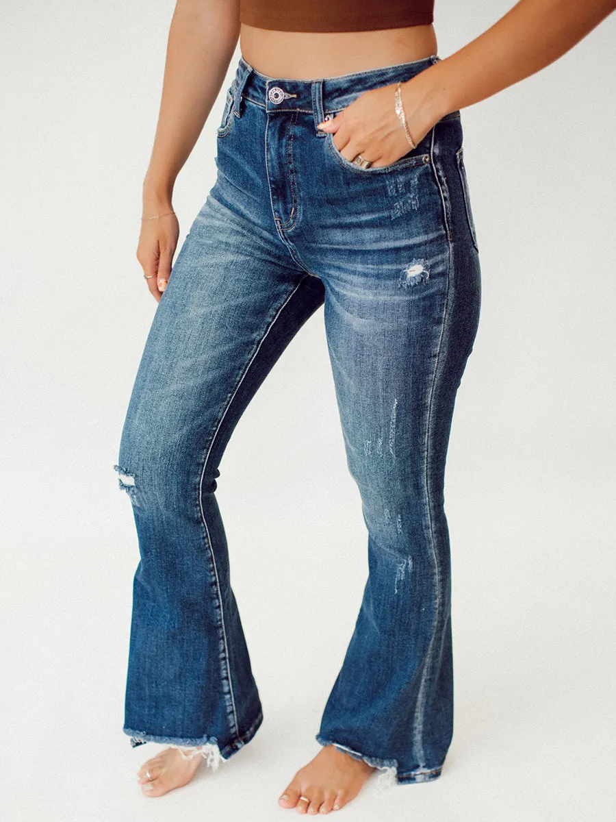 High waisted vintage washed flare jeans