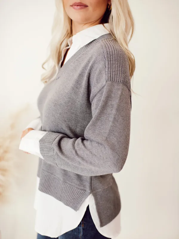 Grey patchwork white layered sweater