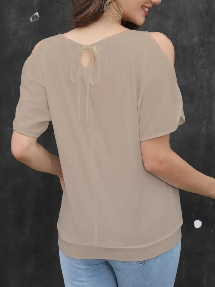 Khaki round neck sleeve sleeve slit design short sleeve top