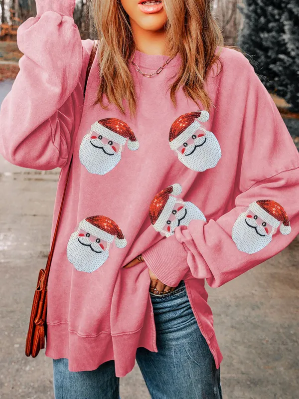 Casual Santa Claus printed pink sweatshirt