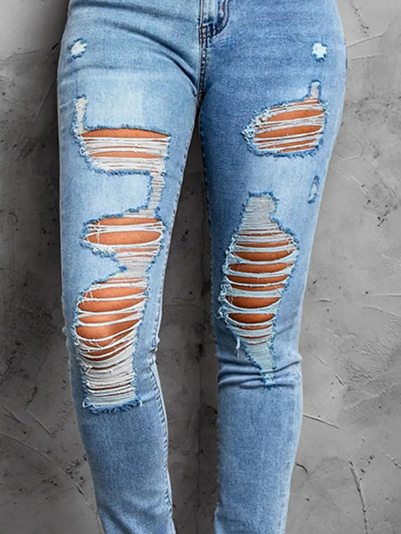 Casual ripped solid color women's jeans