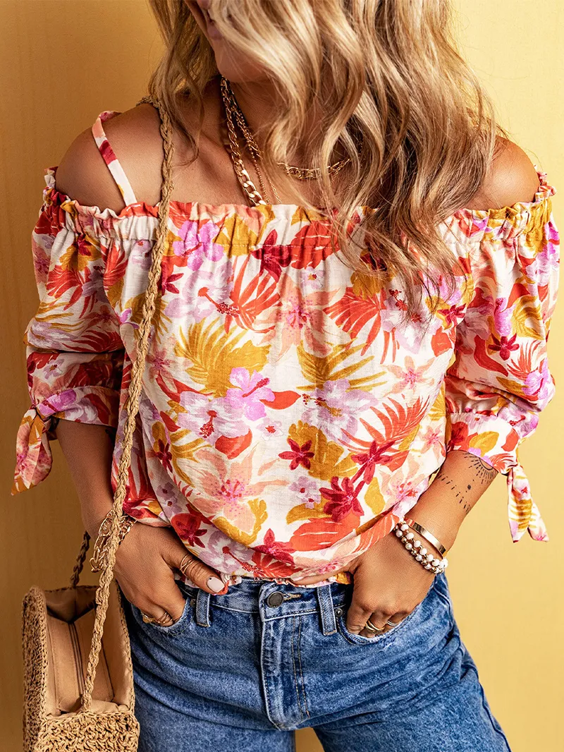 FLORAL KNOT PLEATED SHIRRED OFF THE SHOULDER SHEATH CASUAL BLOUSE