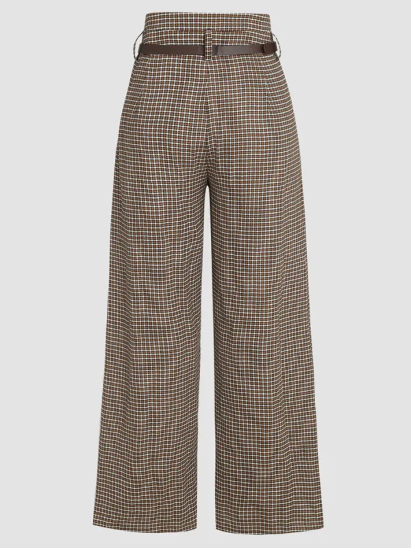 Houndstooth High Waist Belted Wide Leg Trousers