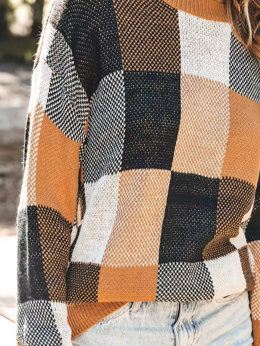 Checked color-blocked drop-sleeve sweater