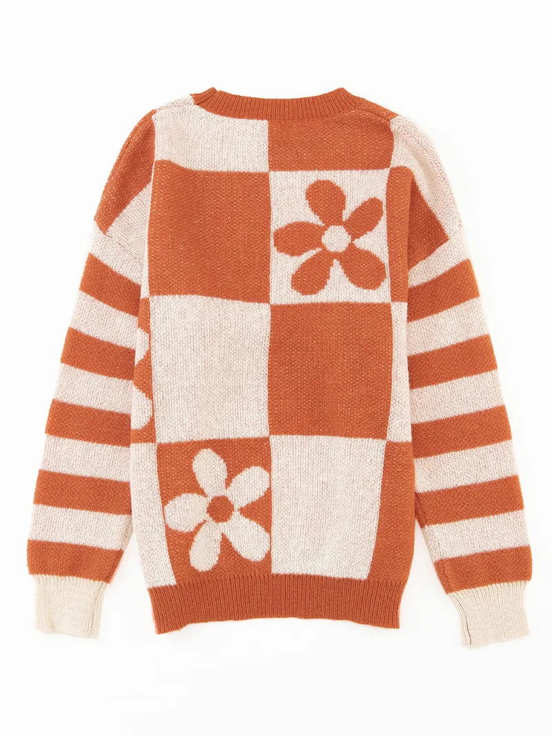 Brown Checkered Floral Print Striped Sleeve Sweater - supinia