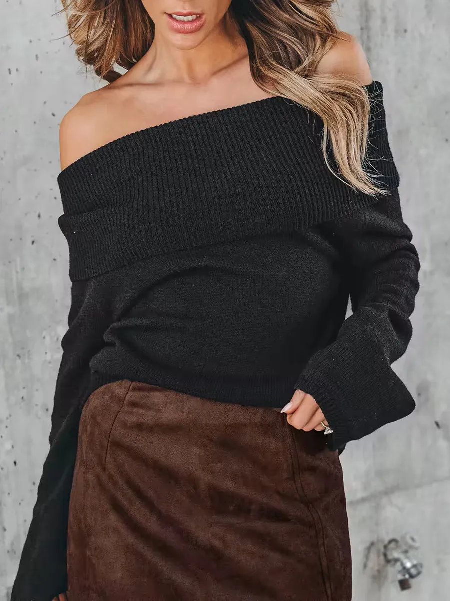 Women's black folded off-shoulder sweater