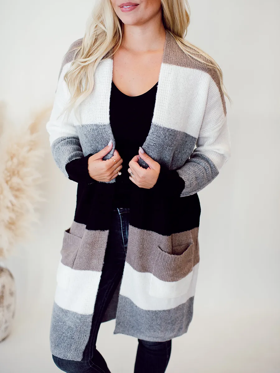 Multi color striped color block pocket knitted cardigan