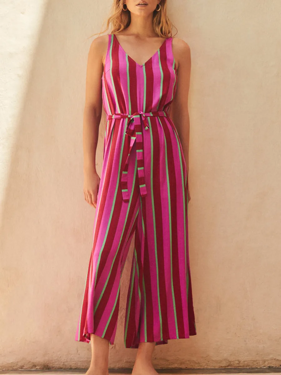 Women's V-neck striped printed holiday jumpsuit