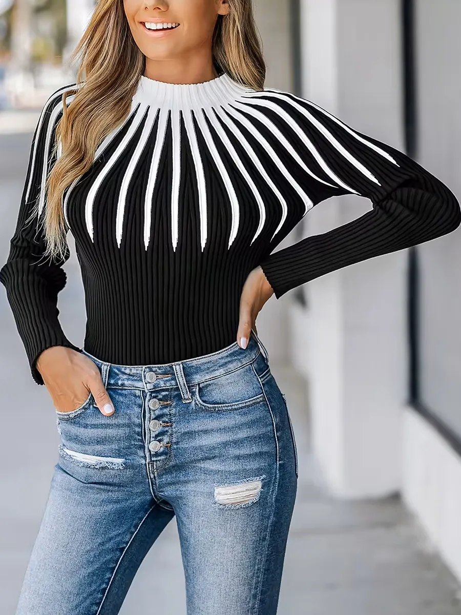 Women's Abstract Color Block Rib Sweater