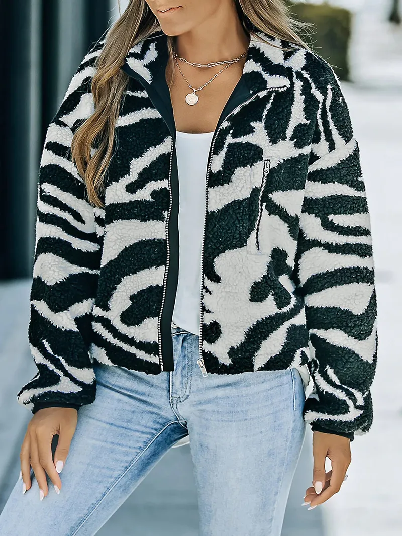 Casual zebra print sherpa jacket