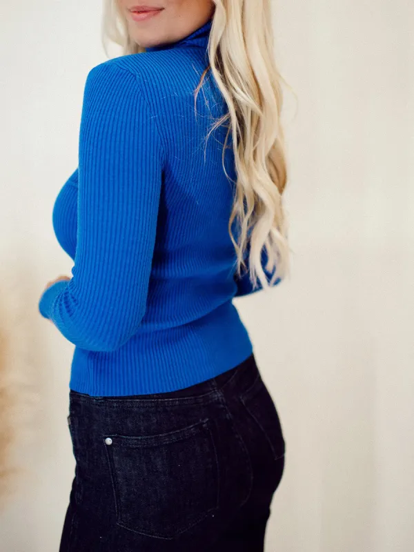 Women's Blue Rib Knitted High Neck Sweater