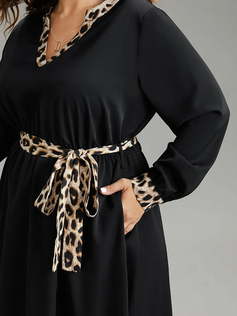 Elegant senior waist waist leopard belt dress MIDI
