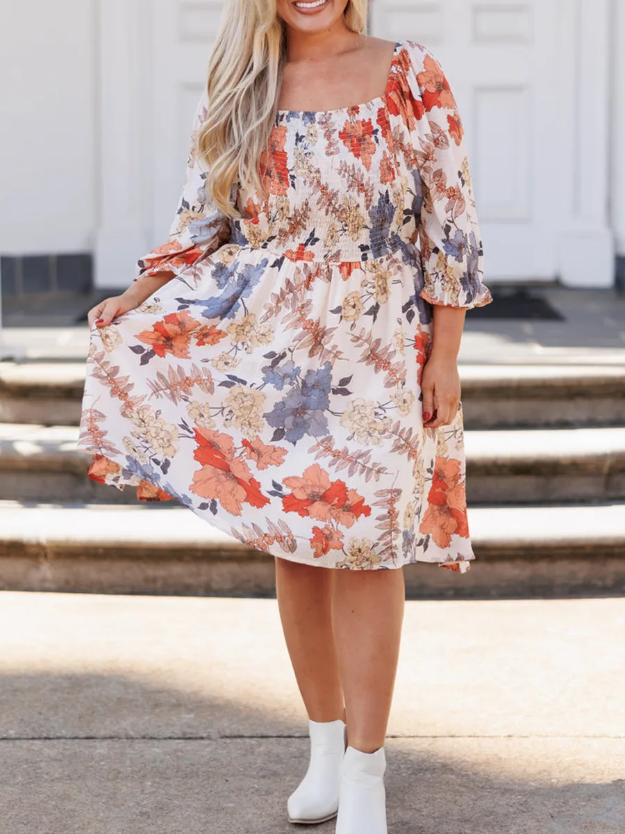 Floral patterned square neck pleated loose fitting dress