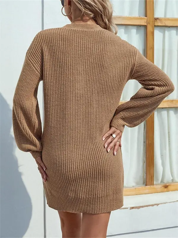 Solid Color V-neck Button Mid-length Women's Sweater Dress