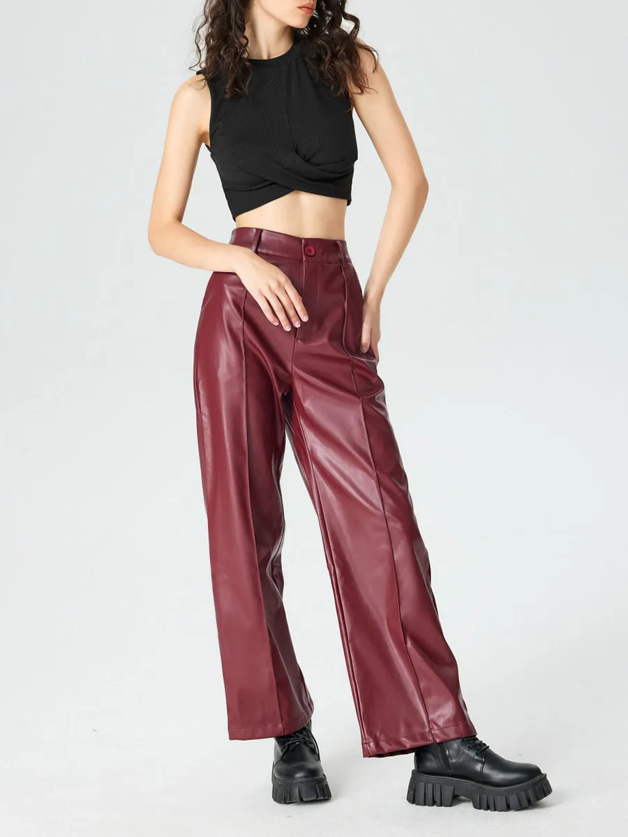 Faux Leather Solid High Waist Wide Leg Trousers