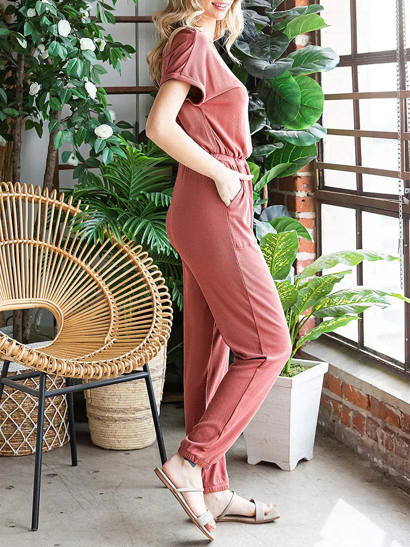 Fashionable solid color round neck casual jumpsuit