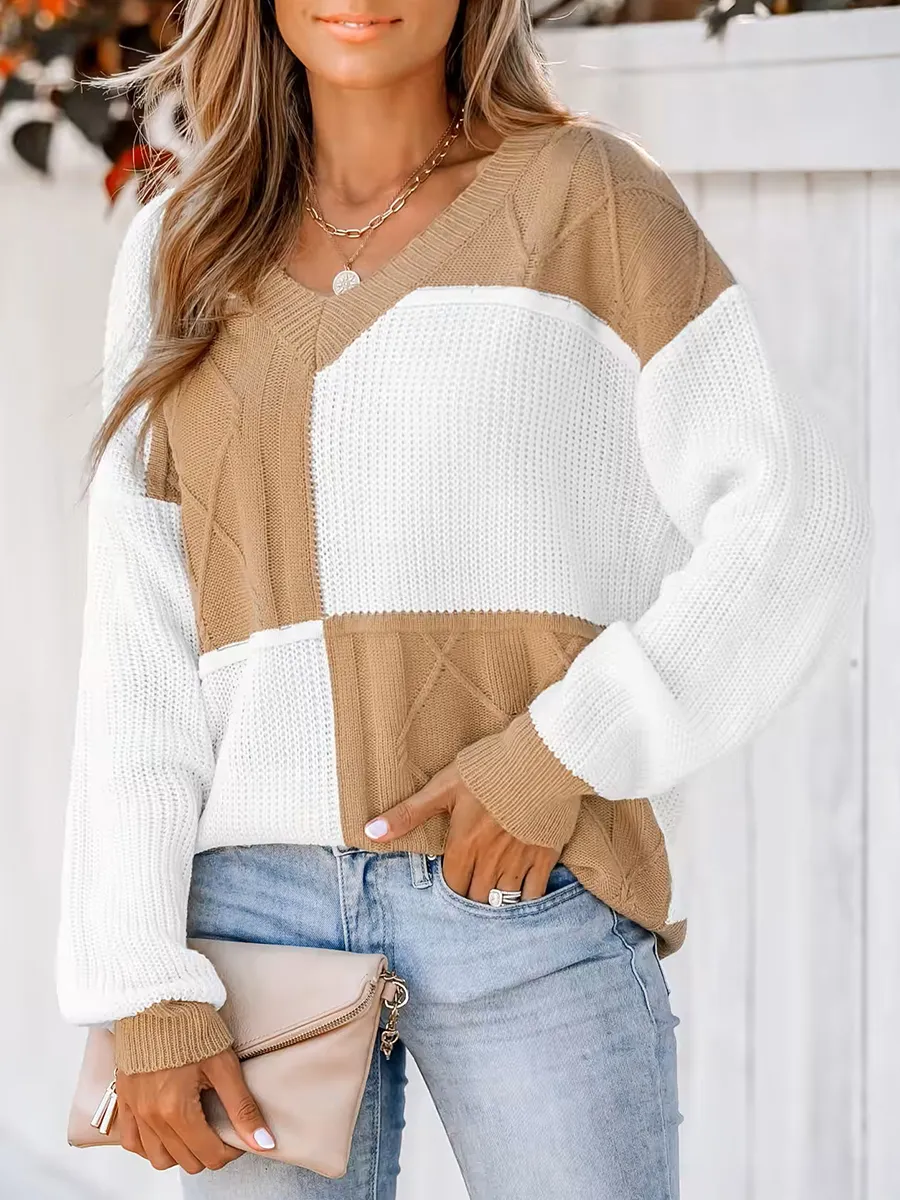 Check color block cable knit sweater