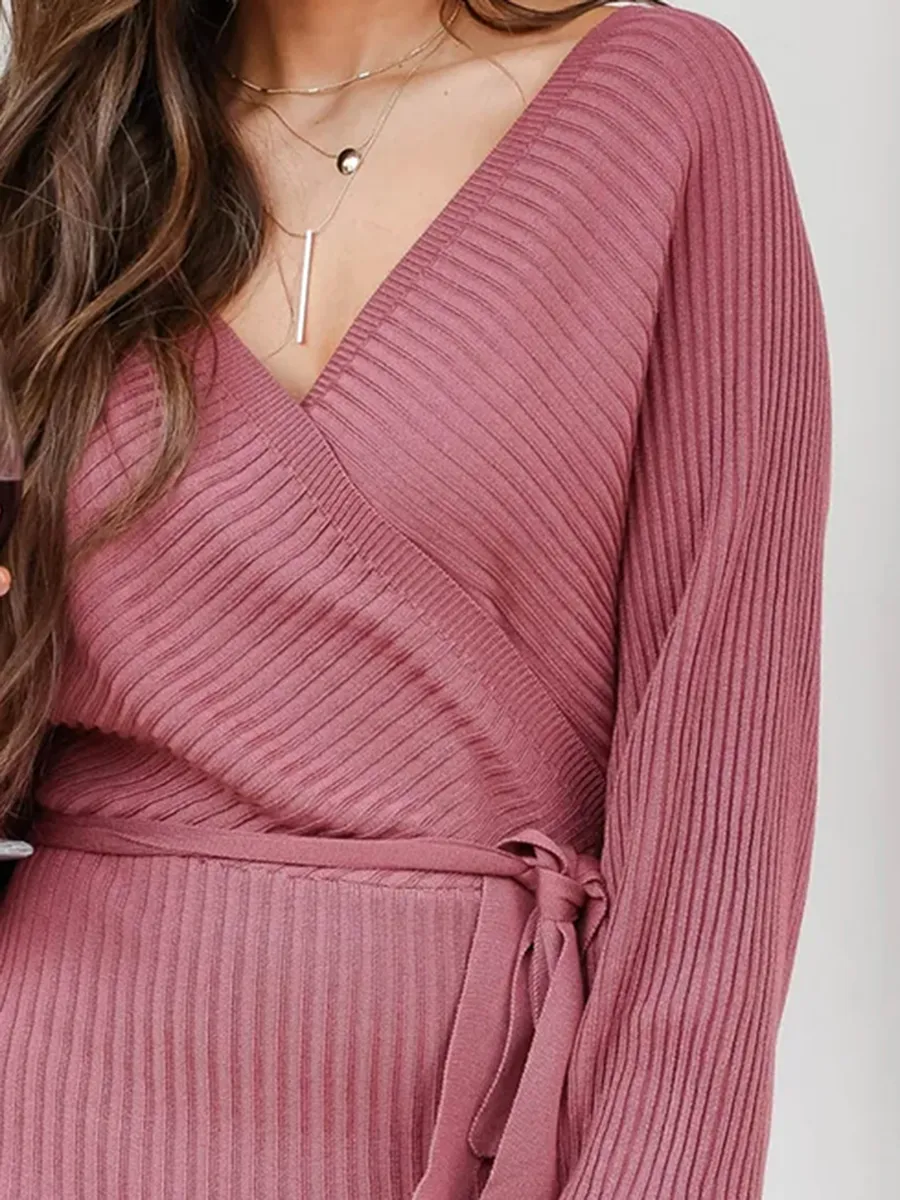 Pink V-neck Lace up Sweater Dress