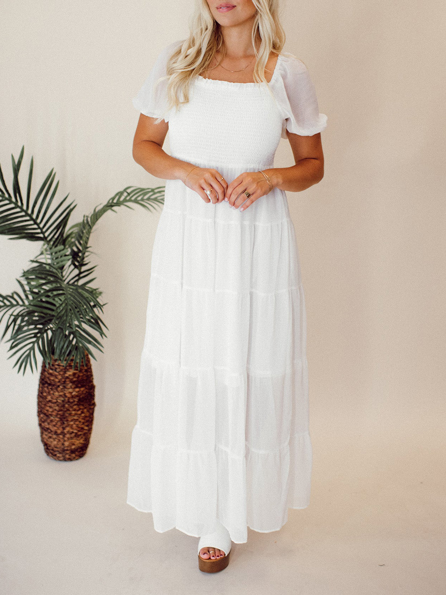 Square neck bubble sleeve layered extra long skirt