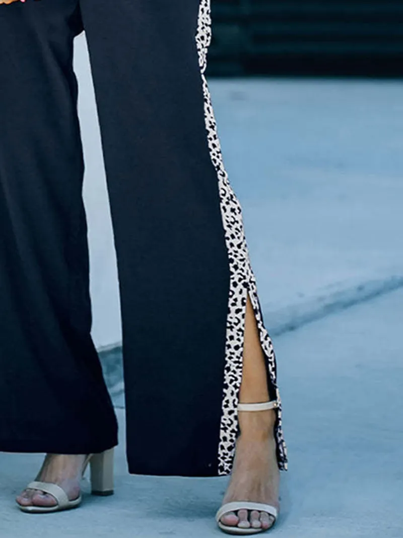 Lace up leopard pattern patchwork split casual jumpsuit