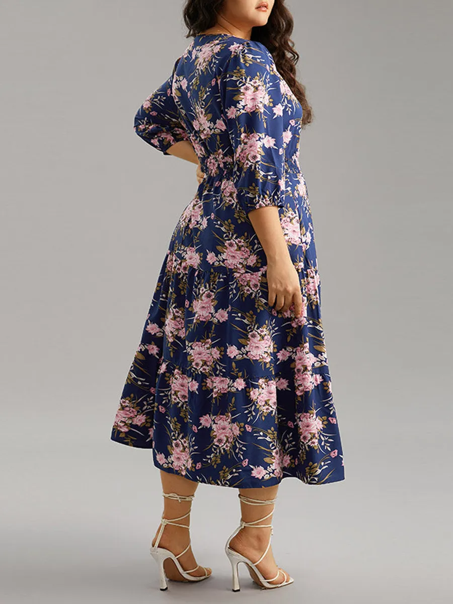 Elegant senior waist V-neck floral dress