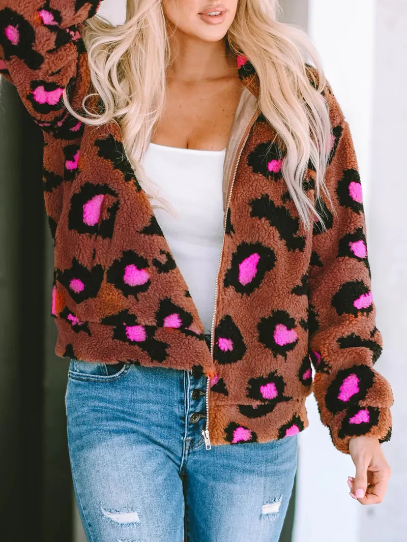 Casual contrasting leopard print sherpa jacket