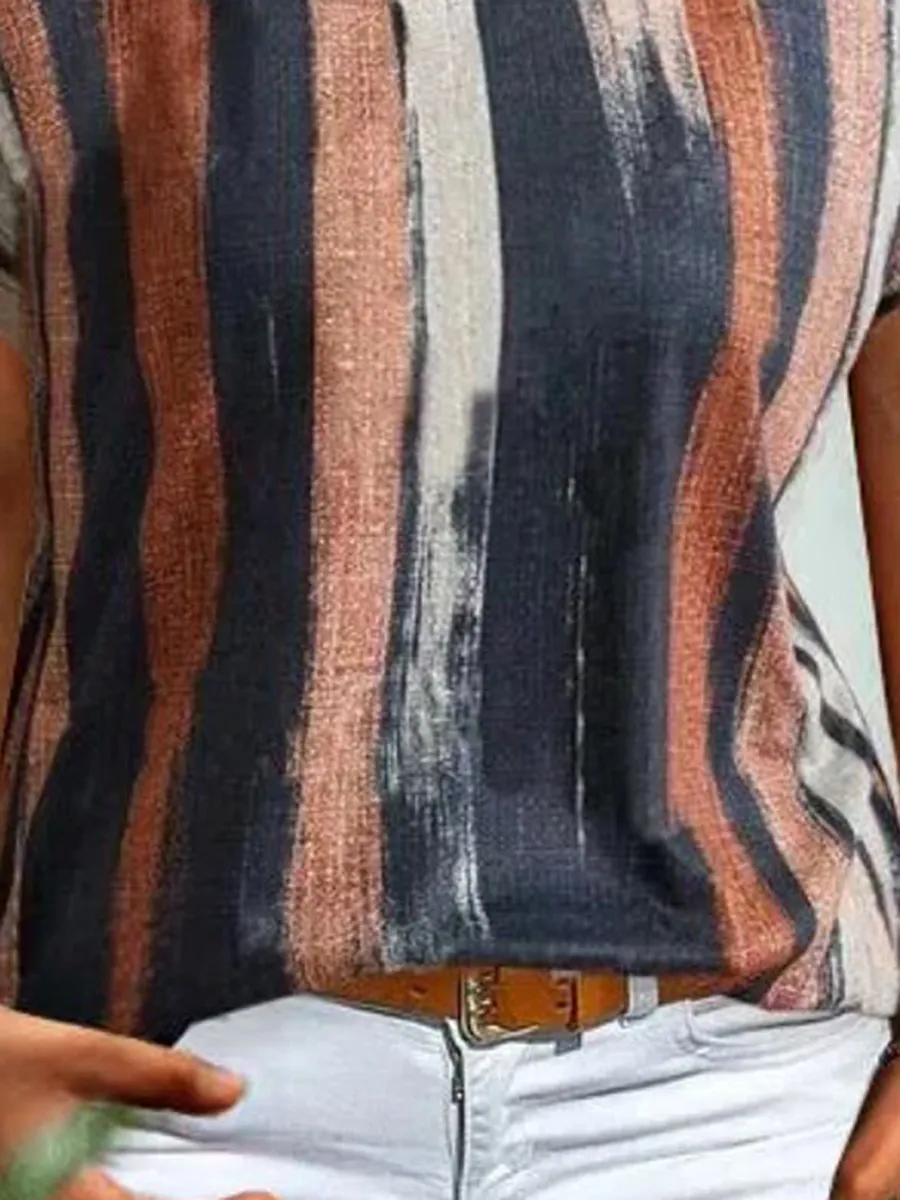 Casual vintage striped V-neck short-sleeved T-shirt