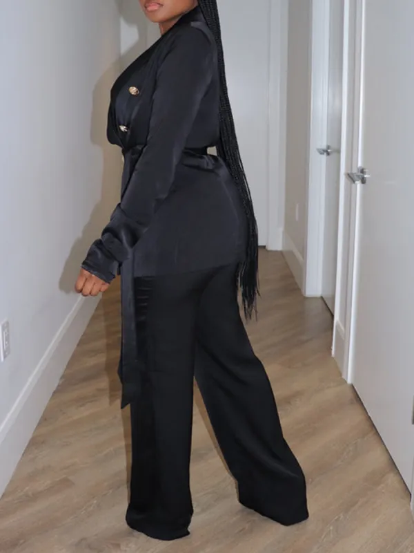 Black satin suit pants set