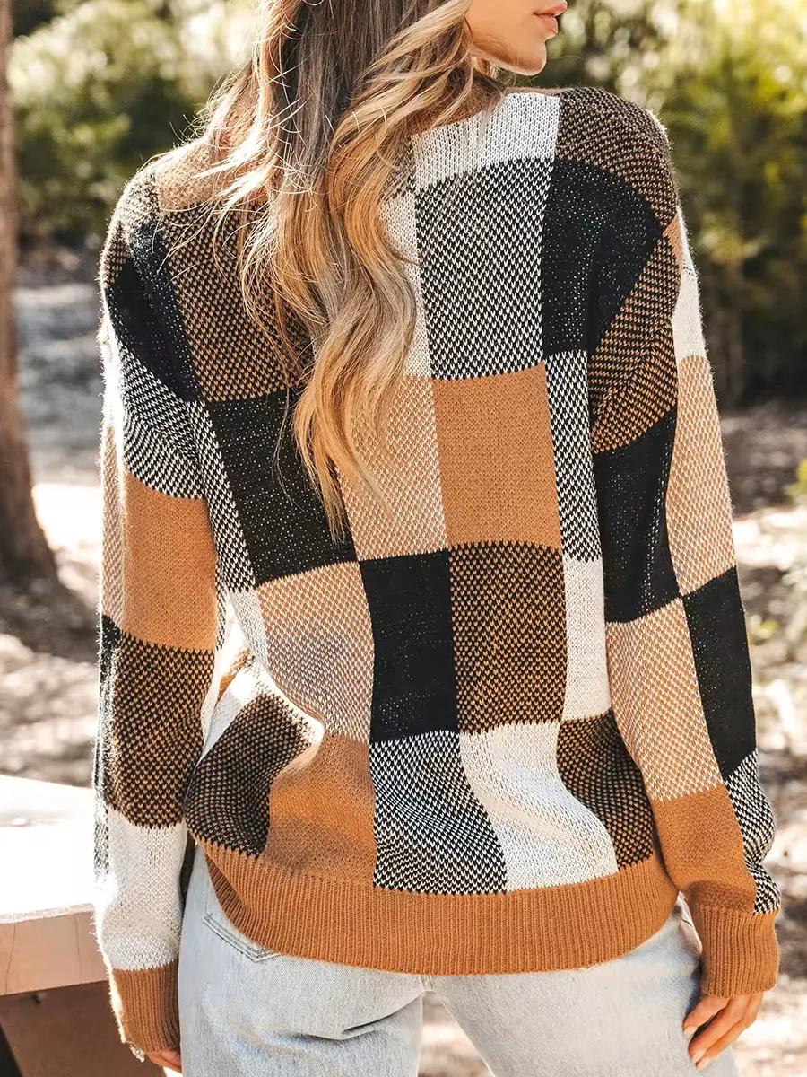 Checked color-blocked drop-sleeve sweater