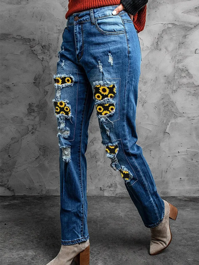 Women's Vintage Sunflower Print Patchwork Jeans