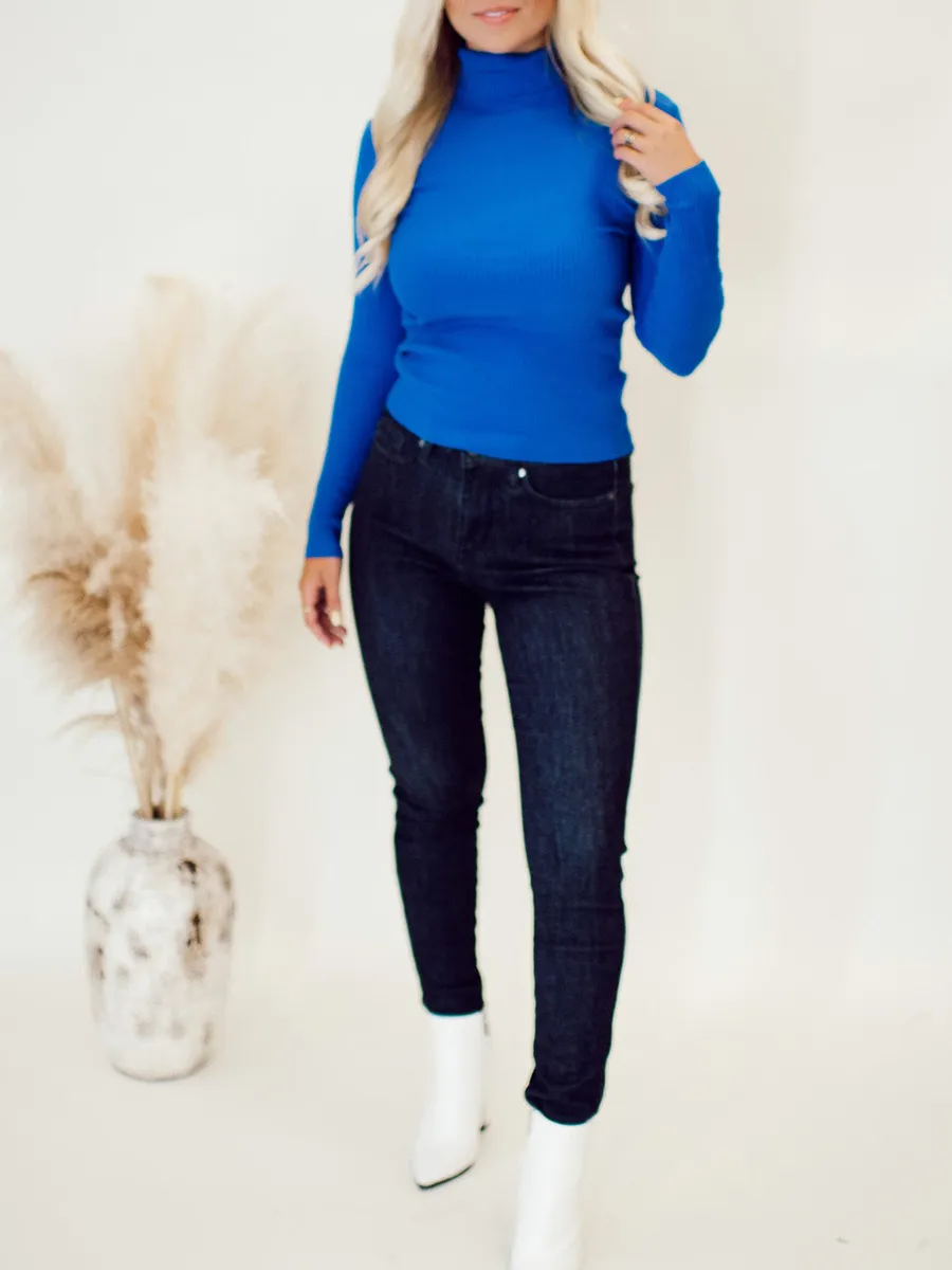 Women's Blue Rib Knitted High Neck Sweater
