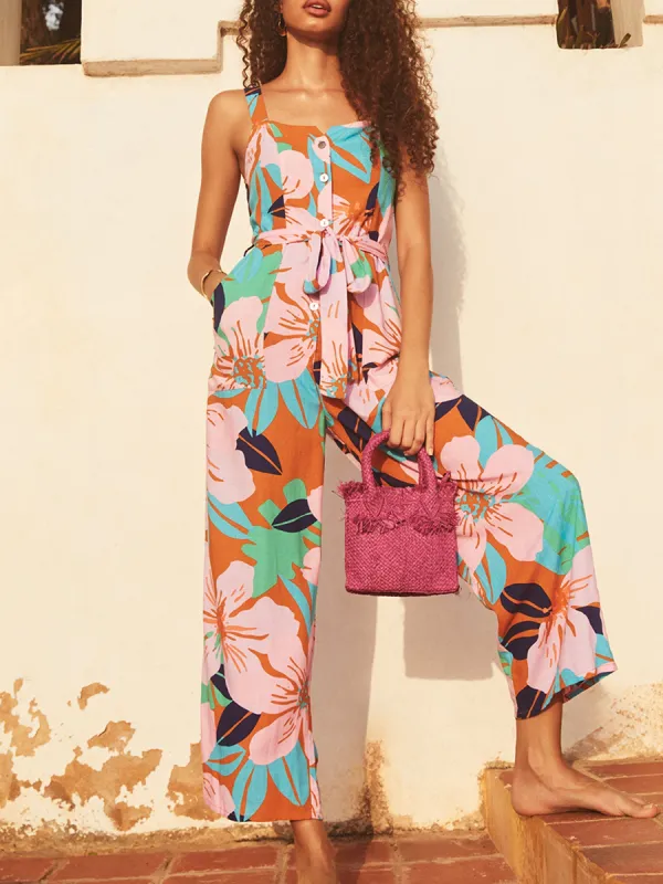 Women's floral-print holiday loose wide-leg jumpsuits