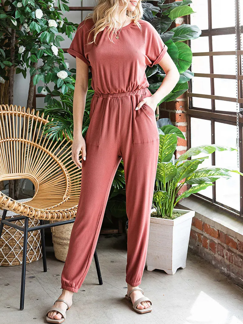 Fashionable solid color round neck casual jumpsuit