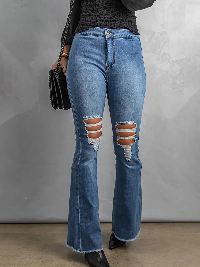 Solid color classic ripped knee jeans