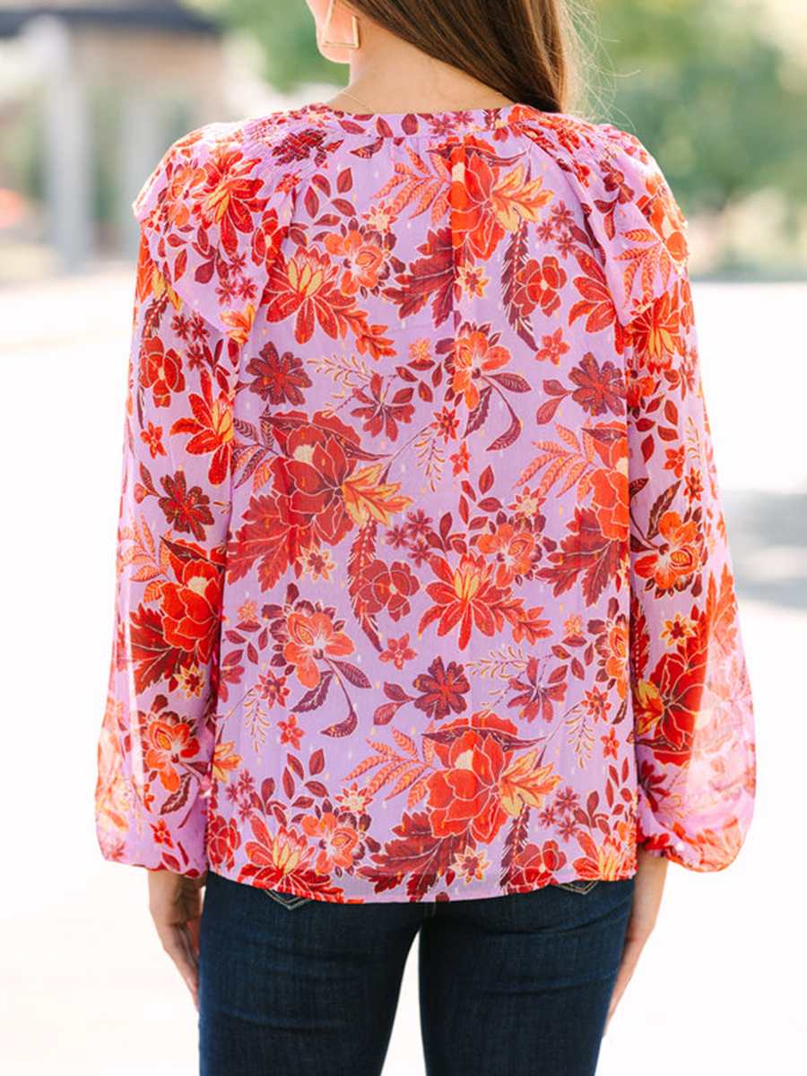 Women's long sleeve floral V-neck shirt