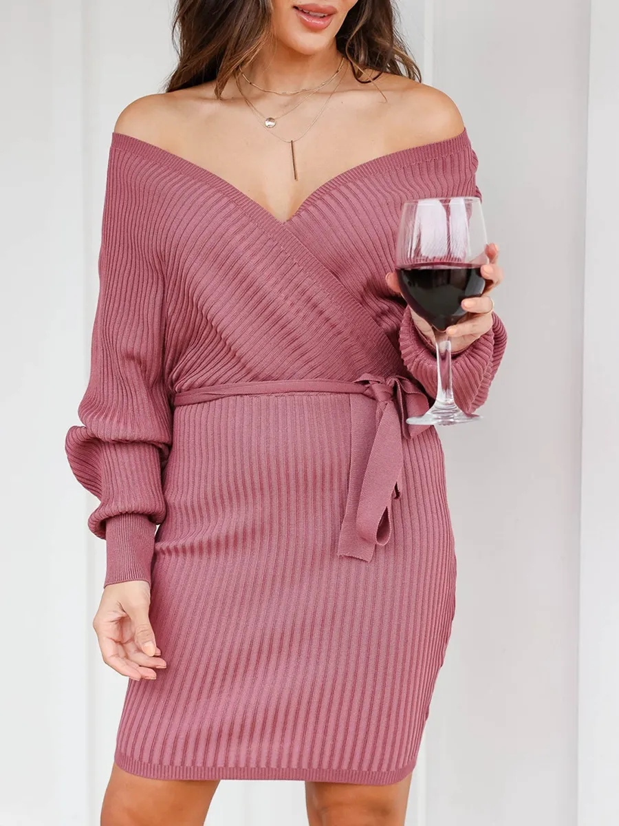 Pink V-neck Lace up Sweater Dress
