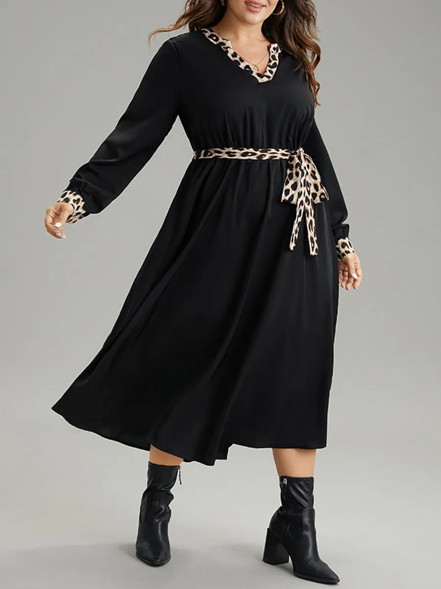 Elegant senior waist waist leopard belt dress MIDI