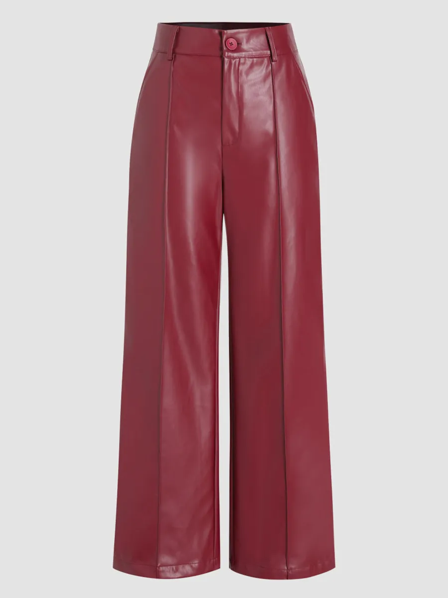 Faux Leather Solid High Waist Wide Leg Trousers