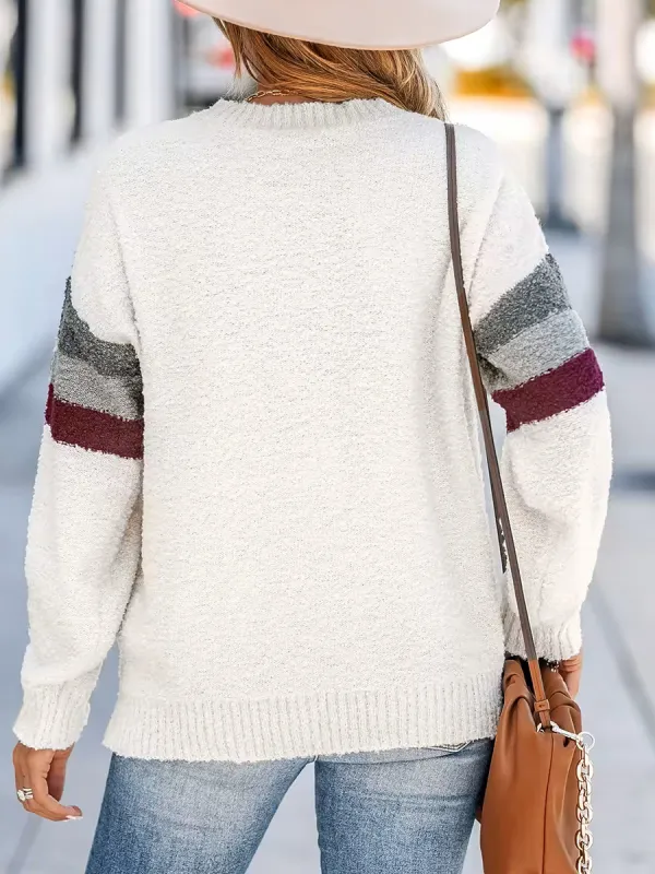 V-shaped crew neck striped plush sweater