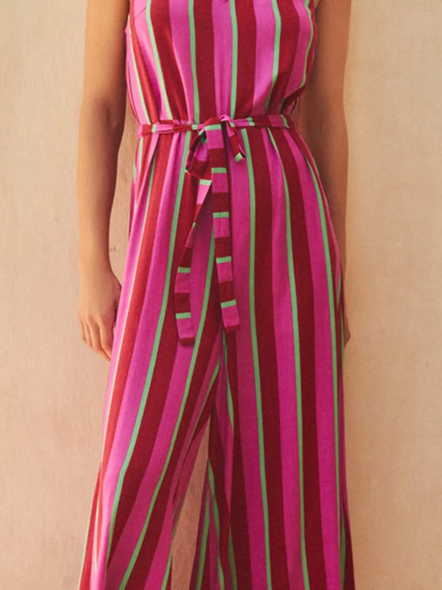 Women's V-neck striped printed holiday jumpsuit