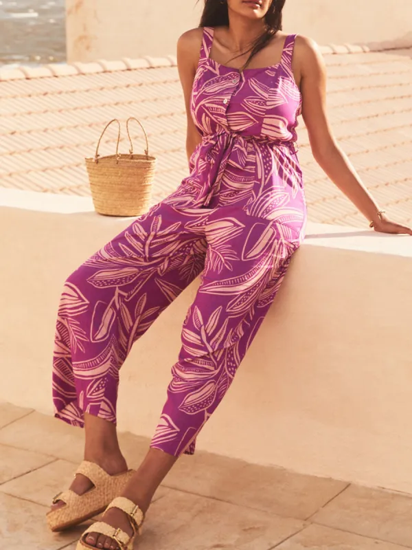 Women's purple floral print holiday loose wide-leg jumpsuits