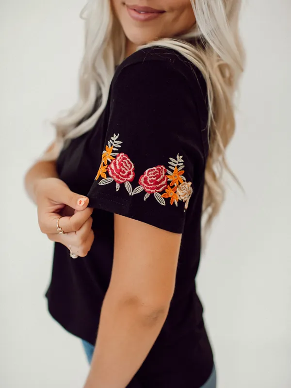 Rose embroidered black T-shirt