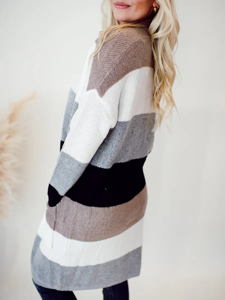 Multi color striped color block pocket knitted cardigan